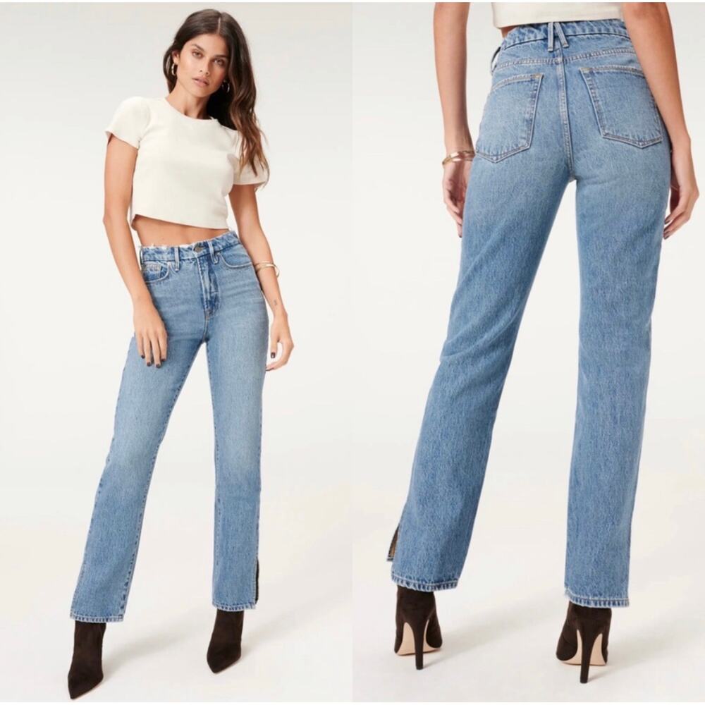 Good American Good Boy Jean Sz 4 27 Distressed High Rise Side Slit Stretch Denim